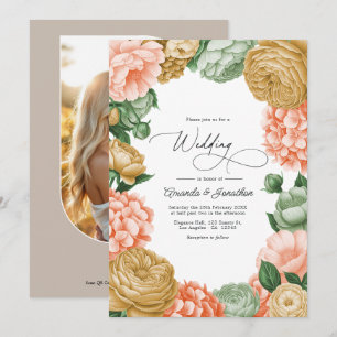 Convite Casamento Floral Salvia, Pêssego e Dourado Antigo