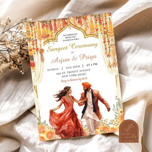 Convite Casamento Floral Sangeet Indiano (Criador carregado)