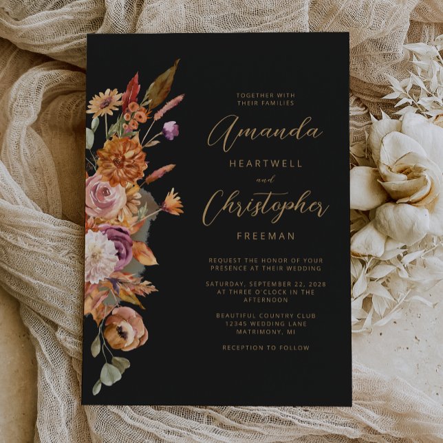 Convite Casamento Floral Script Outono Escuro (Criador carregado)