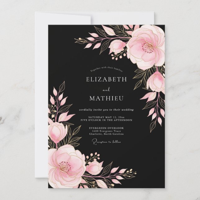 Convite Casamento Floral Sedutor Preto Rosa (Frente)