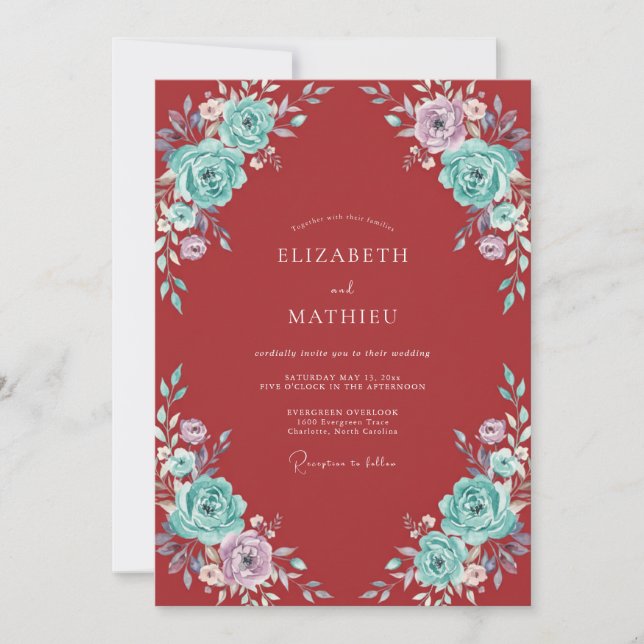 Convite Casamento Floral Sedutor Vermelho Carmesim (Frente)