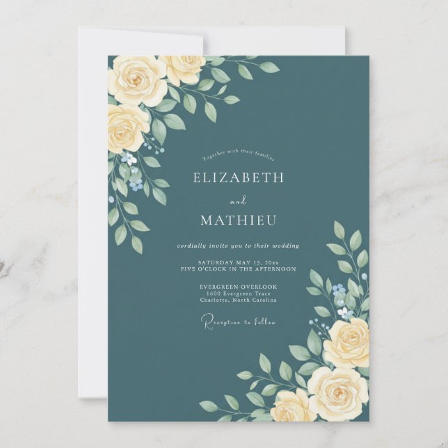 Convite Casamento Floral Seráfico Verde-água (Frente)