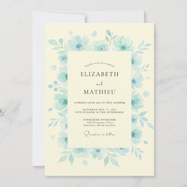 Convite Casamento Floral Sereno Azul Gelo (Frente)