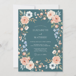 Convite Casamento Floral Sereno de Romance de Pêssego
