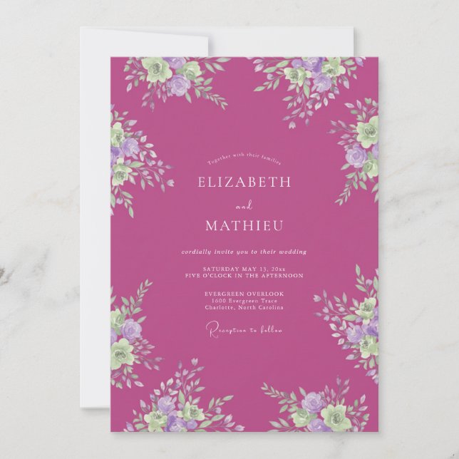 Convite Casamento Floral Sereno Magenta (Frente)