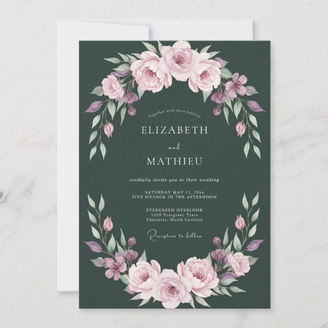 Convite Casamento Floral Sereno Verde Escuro (Frente)