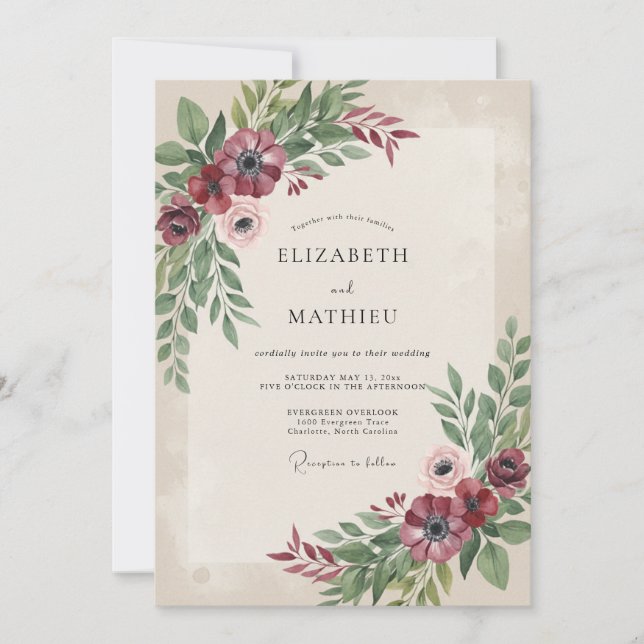 Convite Casamento Floral Silenciado Borgonha (Frente)