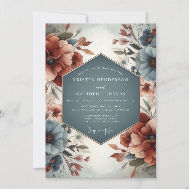 Convite Casamento Floral Silenciado Slate & Sienna (Frente)