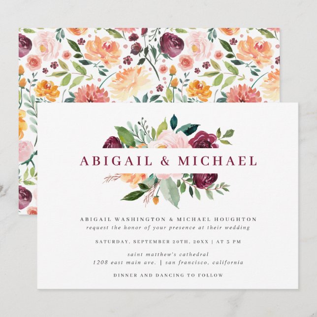 Convite Casamento Floral Simples Blush & Burgundy Watercol (Frente/Verso)