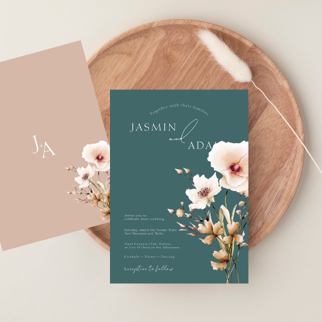 Convite Casamento Floral Simples com Flores Silvestres Ros (Simple Emerald Green Pink Wildflowers Wedding Invitation)
