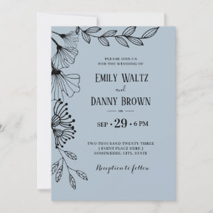 Convite Casamento Floral Simples de Dobra Azul Dusty Botân