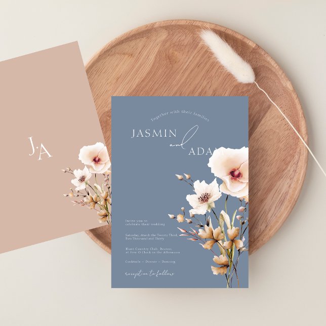 Convite Casamento Floral Simples de Flores Silvestres em A (Simple Dusty Blue Pink Wildflowers Wedding Invitation)