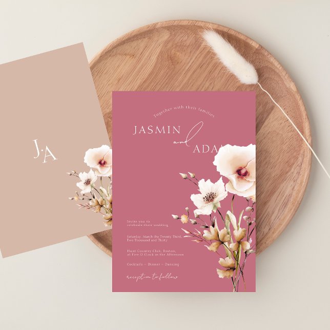 Convite Casamento Floral Simples de Flores Silvestres Rosa (Simple Magenta Pink Wildflowers Wedding Invitation)
