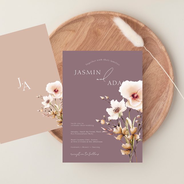 Convite Casamento Floral Simples de Flores Silvestres Roxa (Simple Purple Pink Wildflowers Wedding Invitation)