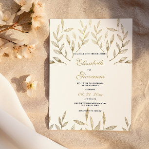 Convite Casamento floral simples de folhagem de ouro branc