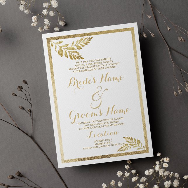 Convite Casamento floral simples de folhas de ouro branco  (Elegance simple white golden leaf floral Wedding)