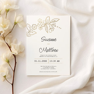 Convite Casamento floral simples de ouro branco-chic elega