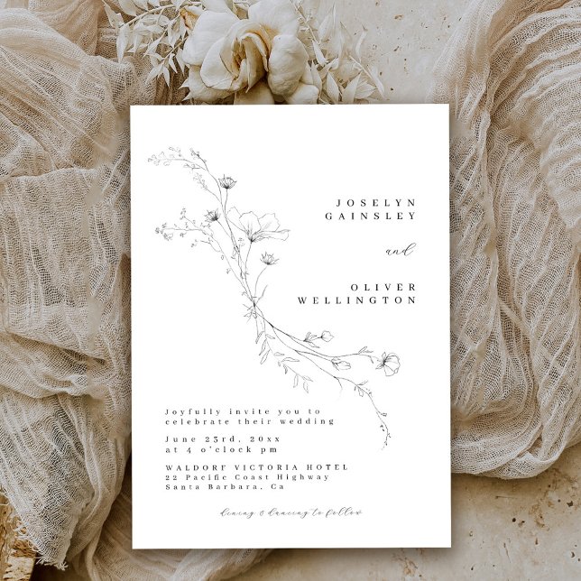 Convite Casamento Floral Simples Desenhado em Preto e Bran (Criador carregado)