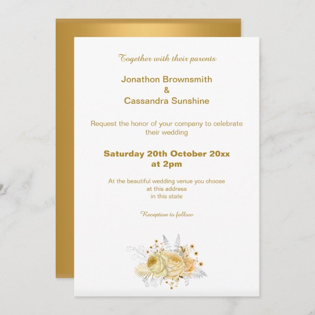 CONVITE CASAMENTO FLORAL SIMPLES E DOURADO ELEGANTE (Frente/Verso)