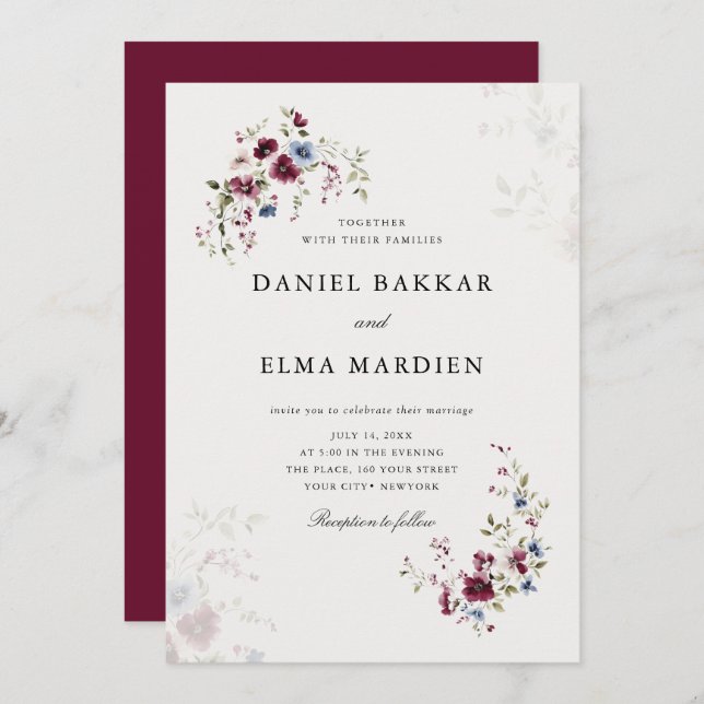 Convite Casamento Floral Simples e Moderno Burgundy Boho (Frente/Verso)