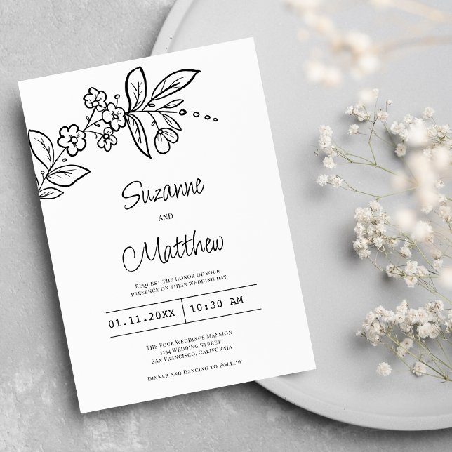 Convite Casamento floral simples e preto elegante (Elegant black and white simple floral wedding)
