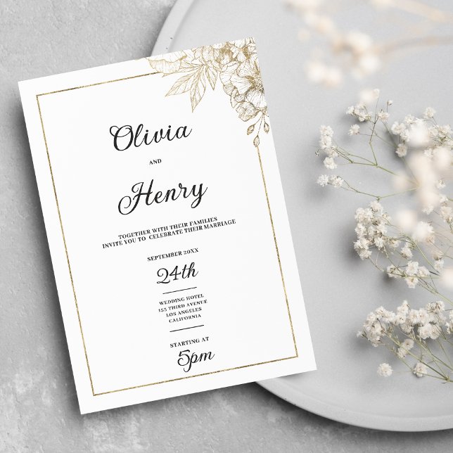 Convite Casamento floral simples, elegante, branco e ouro (Simple elegant white and gold floral wedding)