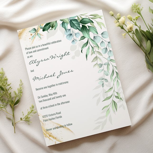 Convite Casamento floral simples marfim dourado folhagem  (Simple ivory gold greenery leaf floral Wedding )