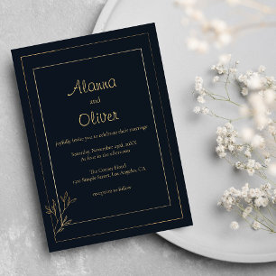 Convite Casamento floral simples minimalista de ouro azul 