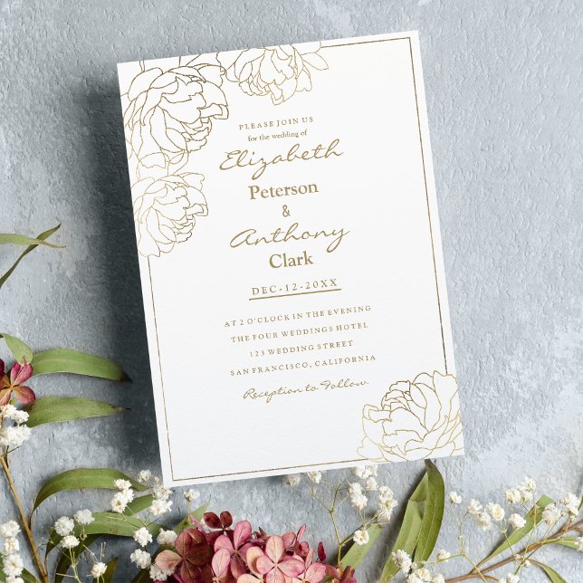 Convite Casamento floral sofisticado de pedras de ouro bra (Sophisticated white faux gold peony floral Wedding Invitation )