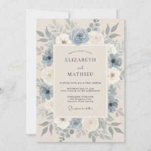 Convite Casamento Floral Sofisticado em Azul Aço