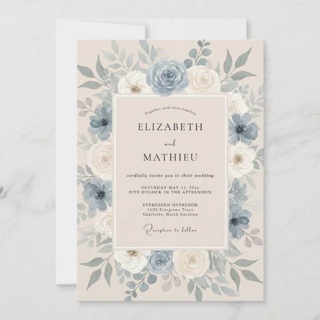 Convite Casamento Floral Sofisticado em Azul Aço (Frente)