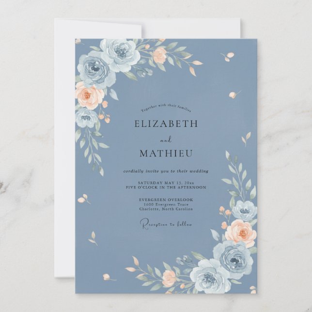 Convite Casamento Floral Sofisticado em Azul Empoeirado (Frente)