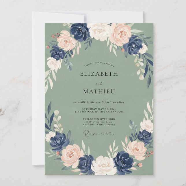 Convite Casamento Floral Sofisticado em Verde Salvia e Azu (Frente)