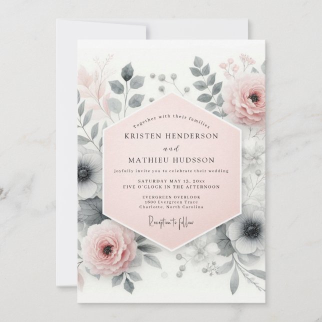 Convite Casamento Floral Sofisticado Rosa Bege (Frente)