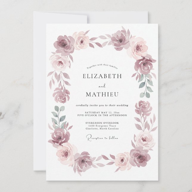 Convite Casamento Floral Sofisticado Rosa Malva (Frente)