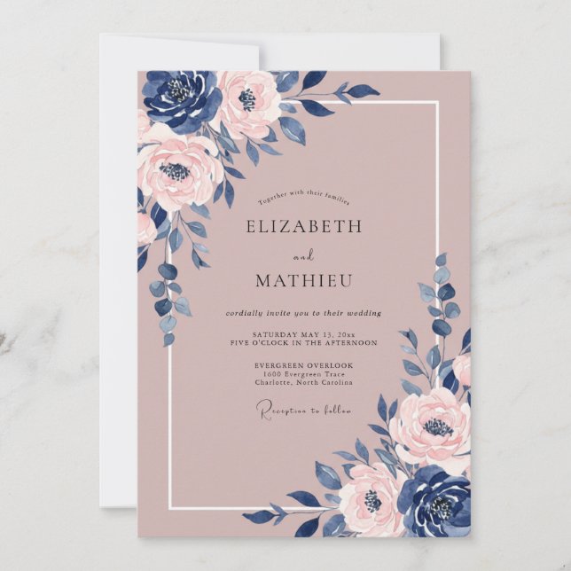 Convite Casamento Floral Solene Navy Mauve (Frente)