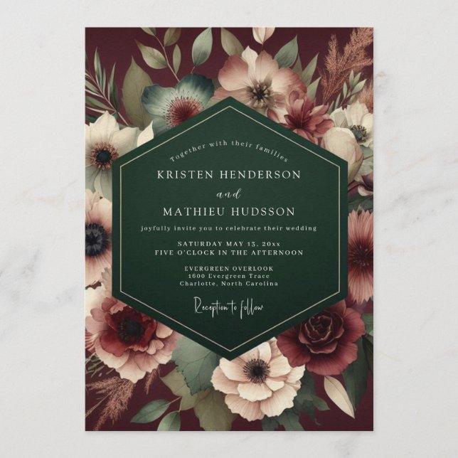 Convite Casamento Floral Sombrio Borgonha (Frente)