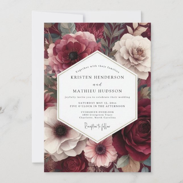 Convite Casamento Floral Sombrio Borgonha (Frente)