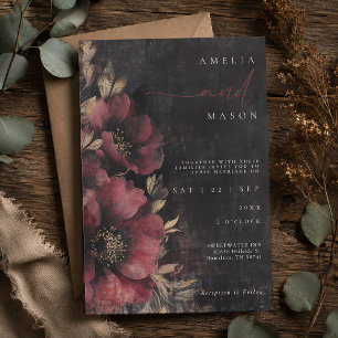 Convite Casamento Floral Sombrio Burgundy e Preto