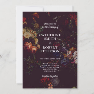 Convite Casamento Floral Sombrio Burgundy Elegante