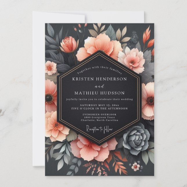 Convite Casamento Floral Sombrio Coral (Frente)