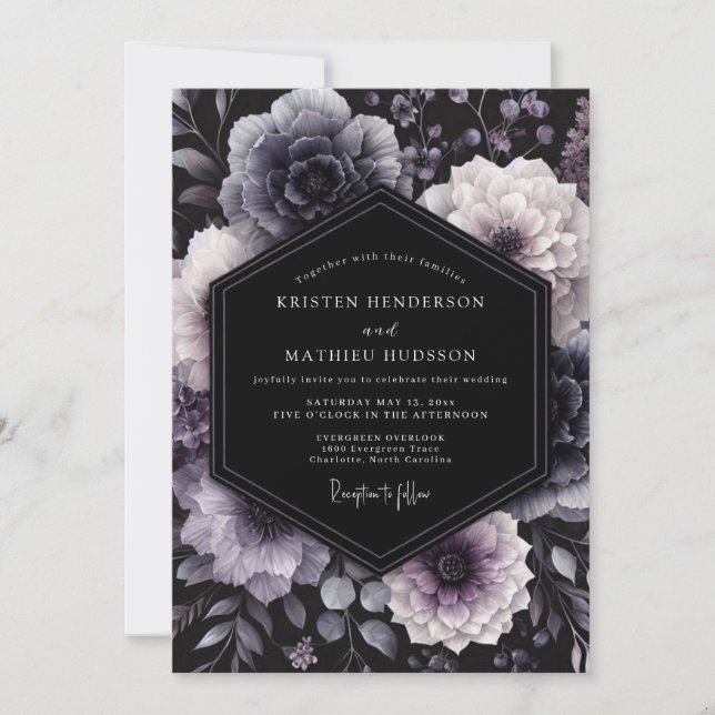 Convite Casamento Floral Sombrio Deep Purple (Frente)