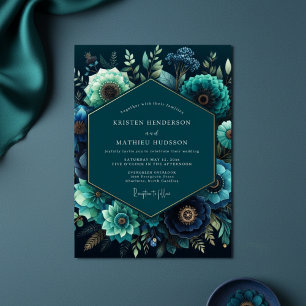 Convite Casamento Floral Sombrio Opulento em Azul Turquesa
