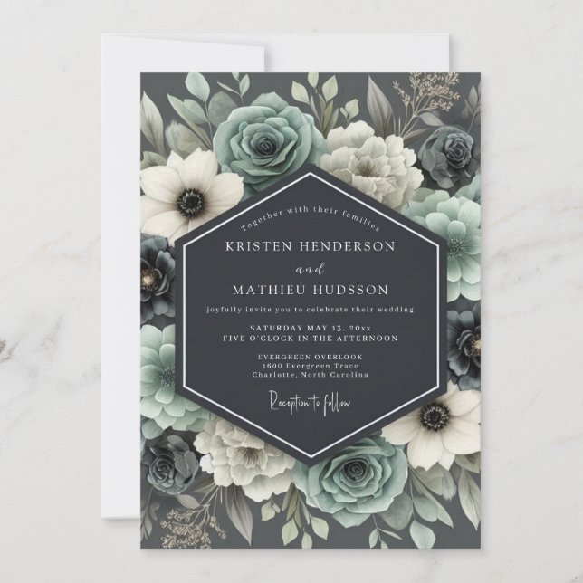 Convite Casamento Floral Sombrio Slate & Ivory (Frente)