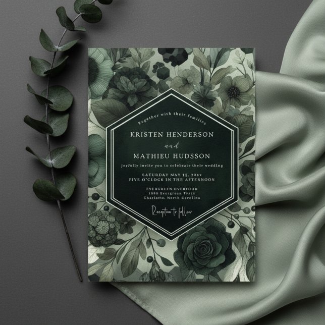 Convite Casamento Floral Sombrio Verde Profundo (Criador carregado)