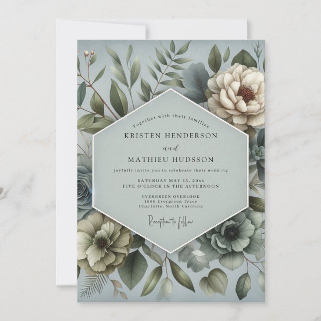 Convite Casamento Floral Sonhador Azul Aço (Frente)
