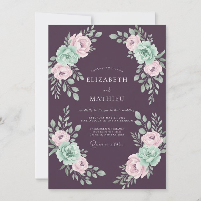 Convite Casamento Floral Sonho de Ameixa Primavera (Frente)