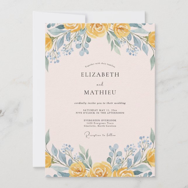 Convite Casamento Floral Suave Amarelo Romance (Frente)