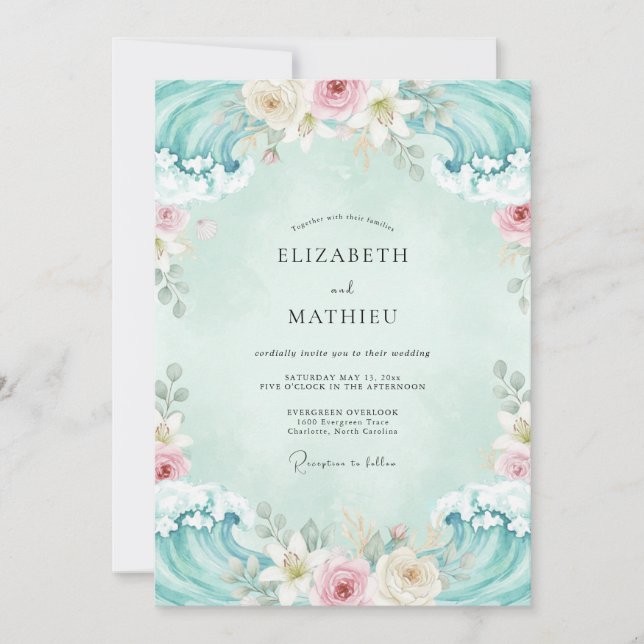 Convite Casamento Floral Suave Aqua (Frente)
