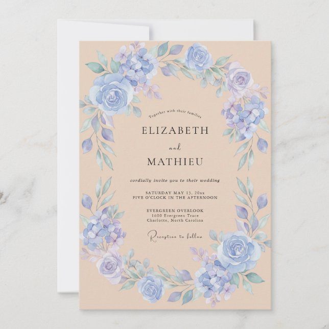 Convite Casamento Floral Suave Azul (Frente)